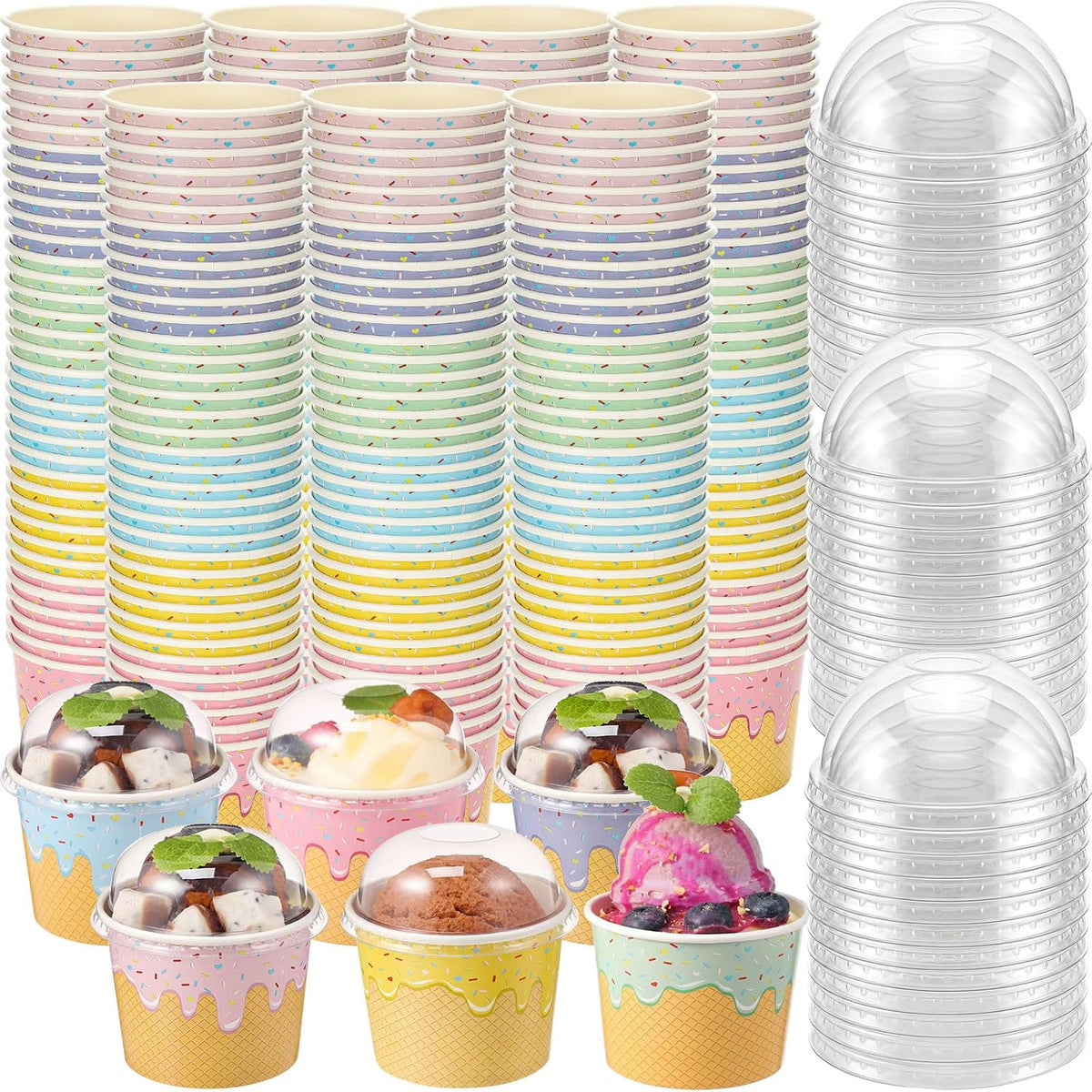 Vasos de Papel para Helado Jingmore 240 Pzs 118ml con Tapas | 5 Colores | Fiestas y Postres
