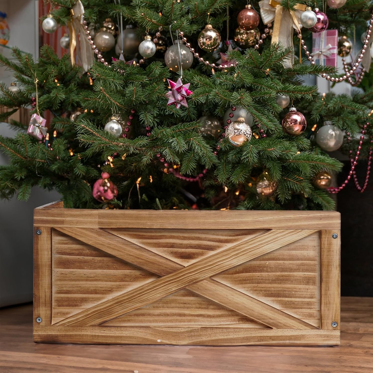 Christmas Tree Collar Box - 17" Brown Wooden Tree Stand Cover - Tree Skirt Box for 3-6ft Christmas Trees - Easy Assembly Holiday Decoration