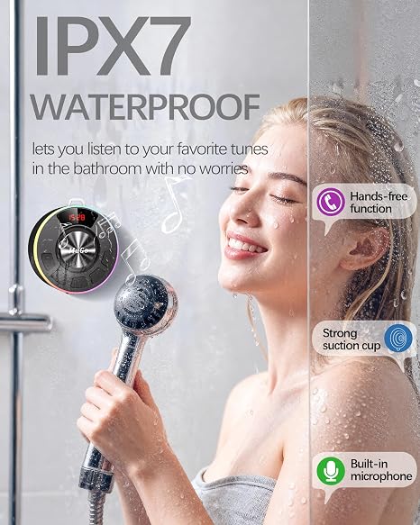 Altavoz de ducha Bluetooth MuGo impermeable IPX7, sonido estéreo HD 360° para baño, Bluetooth 5.3 con luces RGB, ventosa y micrófono, mini radio de ducha para el hogar/fiesta/exterior