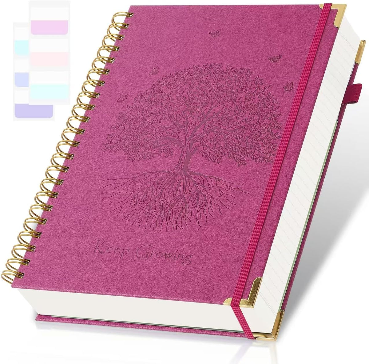 Cuaderno espiral, cuaderno con renglones universitarios, 21,5 x 28 cm, 300 páginas, diarios de cuero para escribir, cuadernos de tapa dura A4 para el trabajo o la escuela, 24 pestañas, diario grande con relieve para hombres y mujeres, rosa.