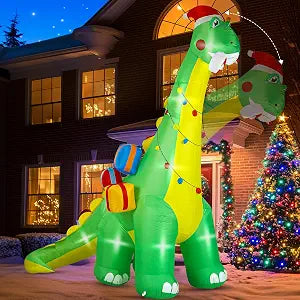 Dinosaurio Inflable Navideño Calmbee 12 Pies – Cabeza Móvil, Luces LED Integradas, Decoración Exterior para Jardín (Verde)