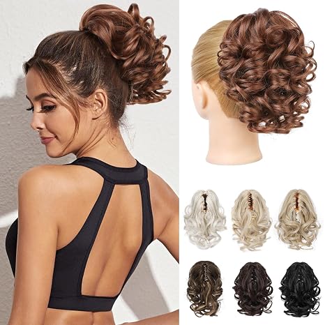 REECHO Extensión de cola de caballo, clip de garra de 9" en extensión de cabello rizado y ondulado corto, clip de mandíbula en coleta HP001, pieza de cabello para mujeres - Cobre oscuro