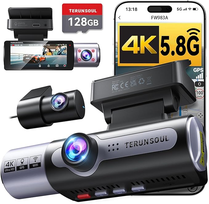 Cámara de Tablero TERUNSOUl 3 Canales 4K+4K+1080P – Frontal, Trasera y Cabina, GPS, WiFi6 5.8GHz, Visión Nocturna IR, Tarjeta 128GB Incluida