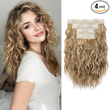 Extensions de Cabello con Clip REECHO 14" – Ondas Playeras Cortas con Encaje Invisible, Rubio Oscuro con Puntas Claras