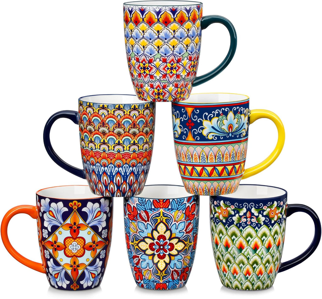 Juego de 6 tazas de café grandes Vancasso SIMI de 473 ml (16 oz) – Tazas de cerámica bohemia con asa, perfectas para latte, té, chocolate caliente, aptas para lavavajillas y microondas. Regalo ideal.