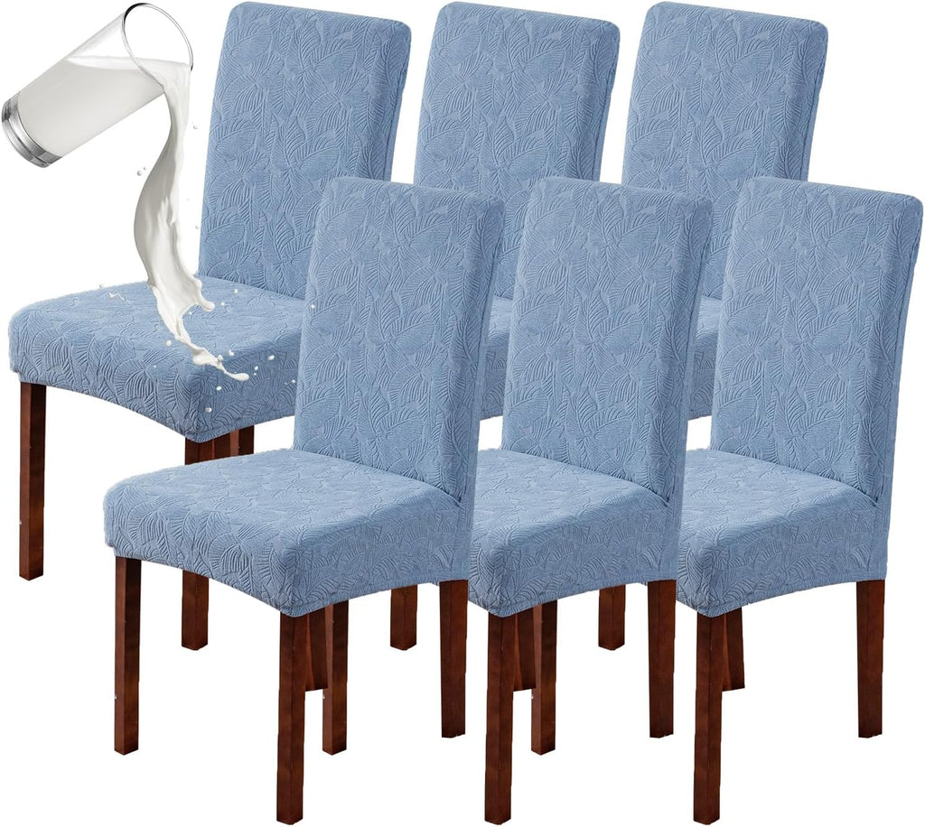 Juego de 6 fundas para sillas de comedor Genina 100% impermeables, elásticas, para cocina, estilo Parsons. Fundas protectoras para sillas de comedor, extraíbles y lavables (estampado de hojas, azul claro, L).