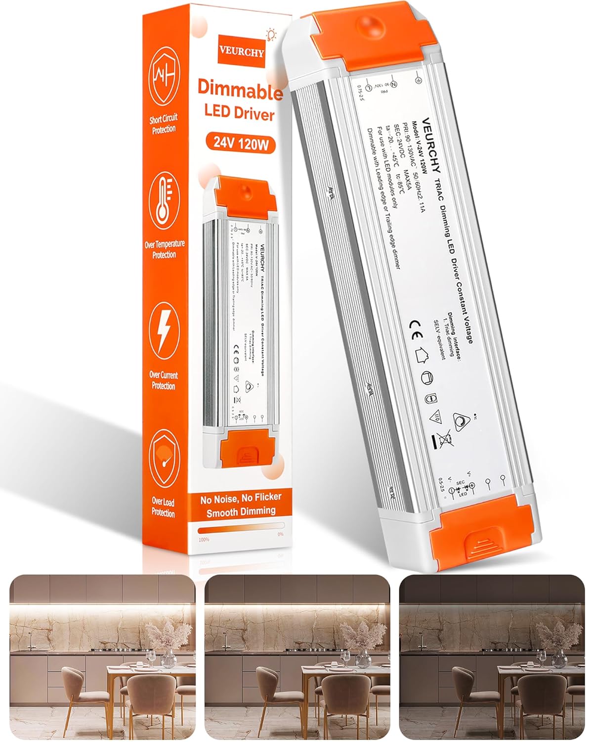 Controlador LED regulable VEURCHY de 120 W y 24 V, transformador regulable Triac de CA de 120 V a CC de 24 V y 120 vatios, compatible con interruptores reguladores Lutron y Leviton, fuente de alimentación LED regulable de 24 voltios para tiras de luces.