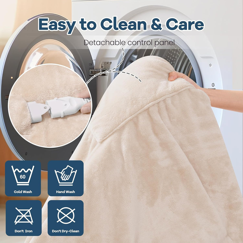 Manta eléctrica portátil con bolsillo para los pies y mangas, manta de calefacción, 6 niveles de calefacción y apagado automático, lavable a máquina (larga, beige)