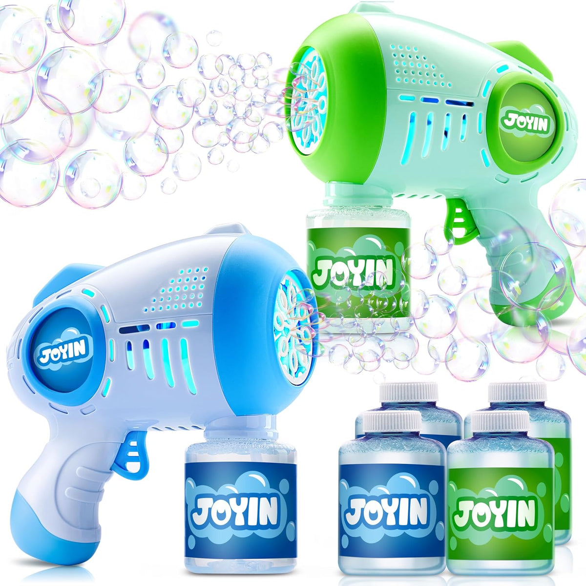 JOYIN 2 pistolas de burbujas para niños con 4 botellas de solución, ametralladora de burbujas automática con 8 agujeros para niños, adultos, juguetes de verano, rellenos para cesta de Pascua, regalo