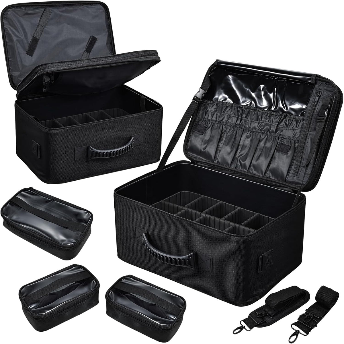 Organizador de Maquillaje Costravio Tipo Mochila Grande | Estuche Profesional de 2 Niveles | Con 3 Bolsas Transparentes | Correa de Hombro y Divisores Ajustables