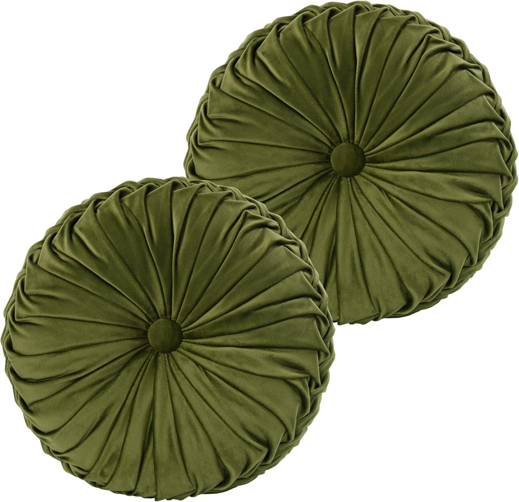 HIG Juego de 2 cojines decorativos plisados redondos de terciopelo verde