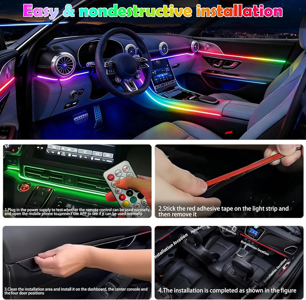 RGB-IC - Tira de luces LED para automóvil, luces interiores de coche, aplicación y control remoto, kit de iluminación ambiental con 16 millones de colores, fibra óptica y ritmo de sincronización