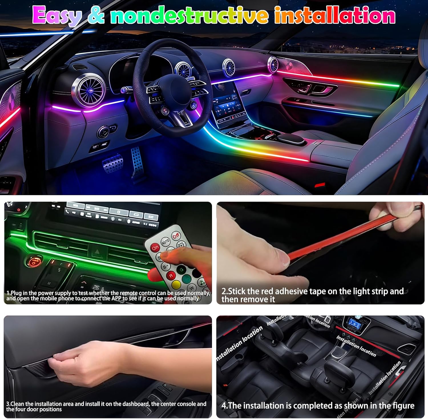 RGB-IC - Tira de luces LED para automóvil, luces interiores de coche, aplicación y control remoto, kit de iluminación ambiental con 16 millones de colores, fibra óptica y ritmo de sincronización