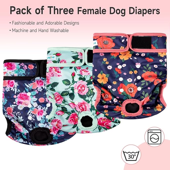 Paw Legend - Paquete de 3 pañales lavables y reutilizables para perras en celo para perritas (Tamaño Mediano)