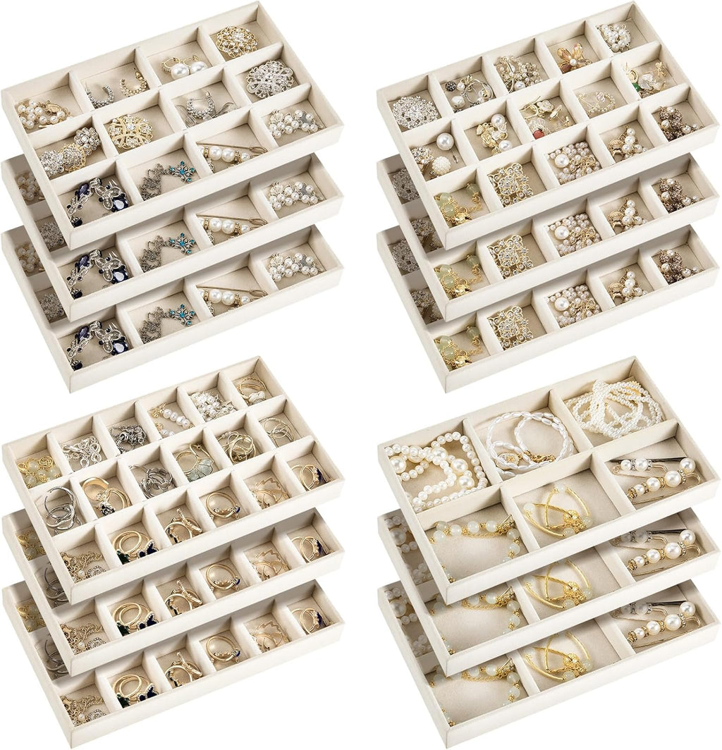 Junkin 12 Pcs Jewelry Tray Velvet Stackable Jewelry Organizer Trays Divided Earring Accessories Storage Containers Box(Beige)