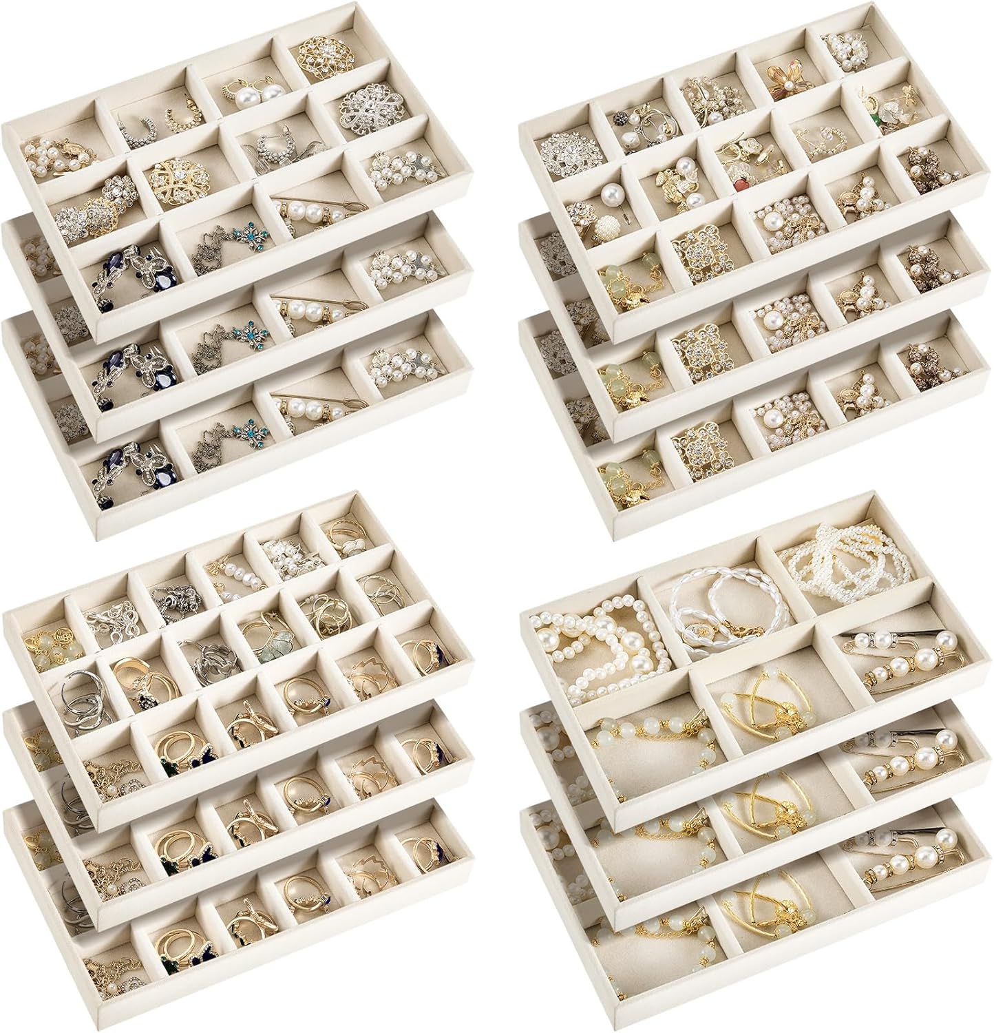 Junkin 12 Pcs Jewelry Tray Velvet Stackable Jewelry Organizer Trays Divided Earring Accessories Storage Containers Box(Beige)