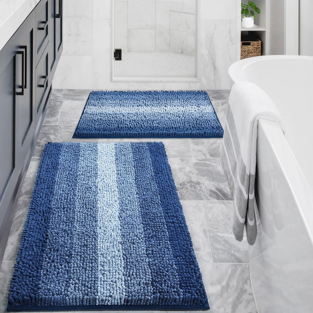 Juego de alfombras de baño Gibelle Blue de 2 piezas, juego de alfombras de baño antideslizantes de chenilla, alfombra de ducha absorbente y alfombras para el suelo del baño, alfombra de baño de secado rápido, accesorios de decoración para bañera, 16" x