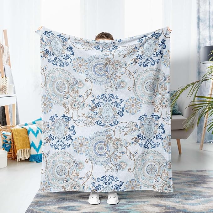 Manta de Forro Polar con Patrón de Cachemira Azul y Verde – Suave, Cálida y Decorativa para Todas las Estaciones
