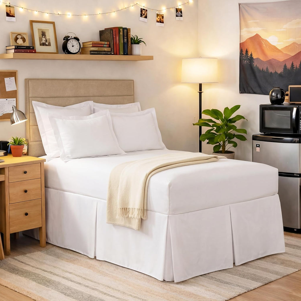 Faldón de Cama Spacemaker King Caída Extra Larga 21 Pulgadas – Elegante y Fácil de Colocar, Color Blanco para Dormitorios con Base Alta