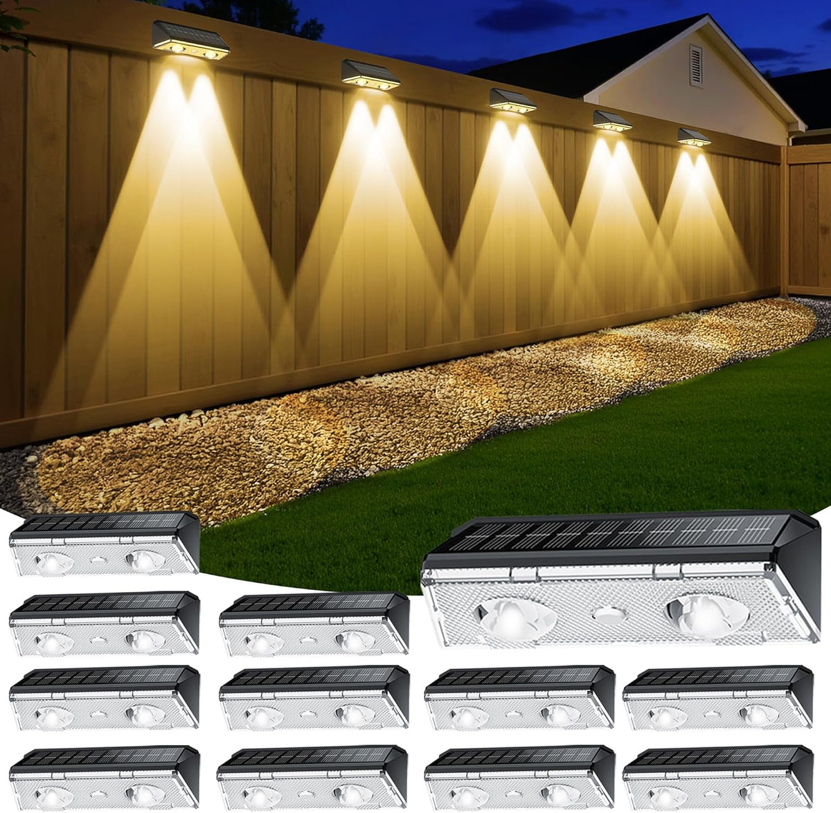 Luces solares para cercas KEILAIMO para exteriores, paquete de 12 unidades, resistentes al agua IP65, alimentadas por energía solar con lente LED ultrabrillante, 9 modos de color, más de 12 horas de luz constante para terraza/patio/piscina/pared - Negro