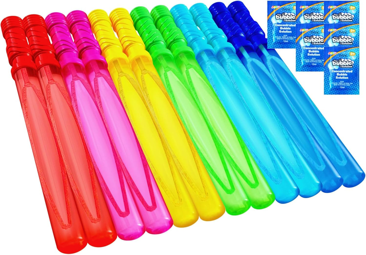 Varitas de burbujas grandes JOYIN de 14.6" para niños, paquete de 1 docena con solución de recarga para fiestas de verano, actividades al aire libre, rellenos para cestas de Pascua, regalo de cumpleaños.