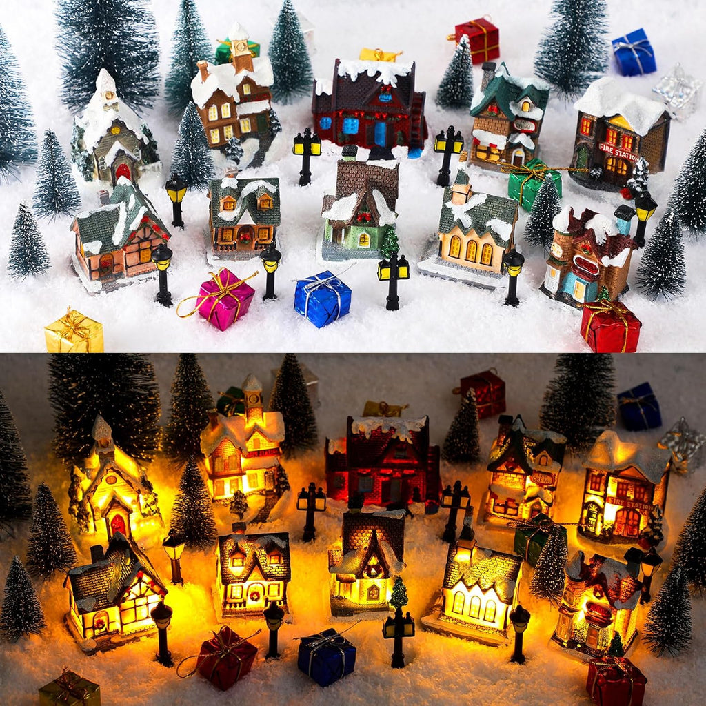 Shappy 48 Pcs Christmas Village Houses Town Buildings Accessories 10 Light up Christmas Village House 12 Mini Trees 12 LED Lights 2 Snow Blanket Box for DIY(Classical Style)