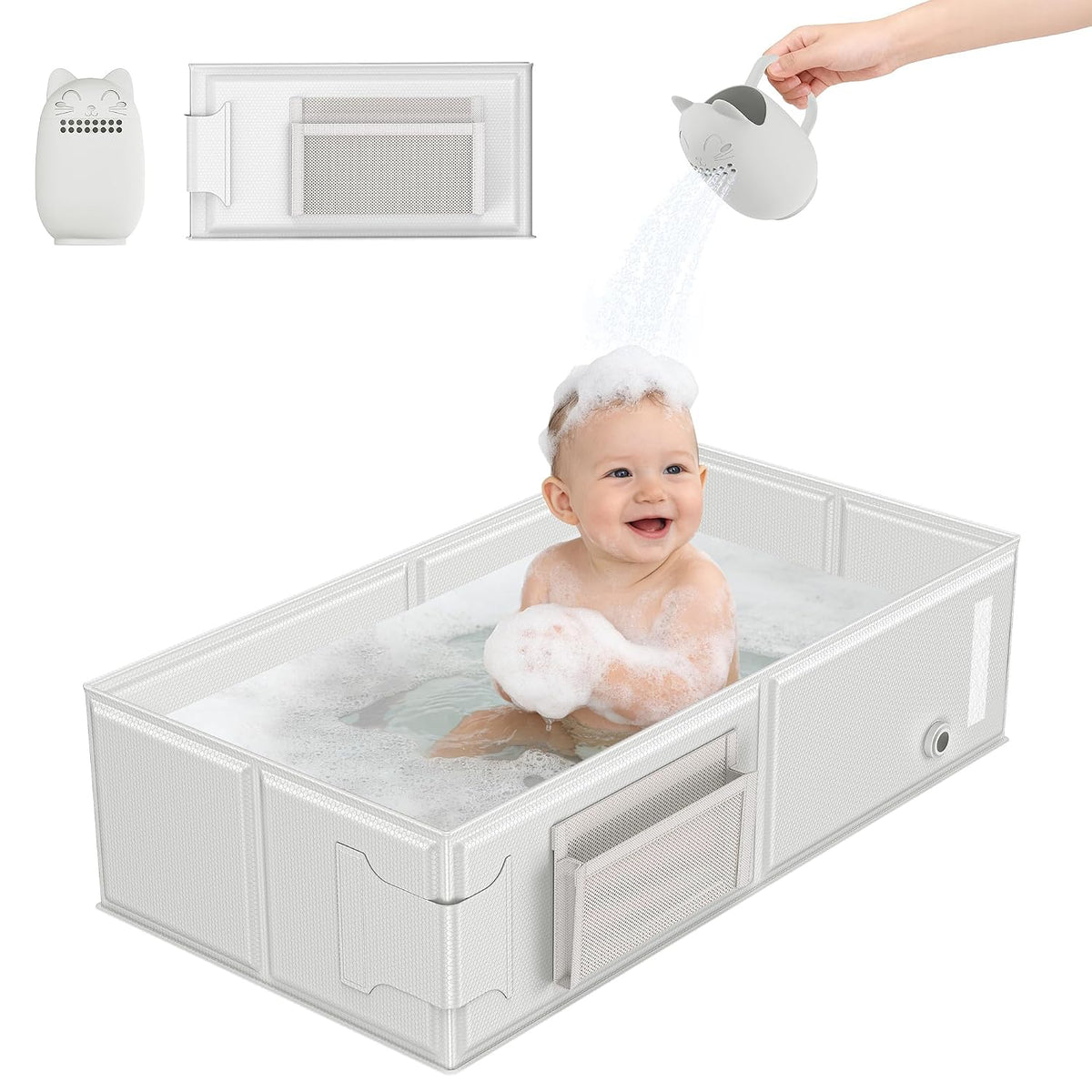 Bañera para bebé, bañera portátil con vaso de enjuague con estampado de gato, bañera plegable para baños pequeños, bañera para niños pequeños de 6 meses a 5 años, artículos esenciales de viaje para bebés en hoteles, camping y playa.