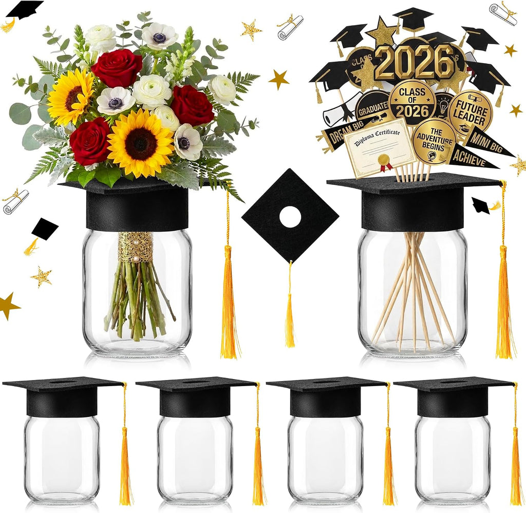 6 juegos de centros de mesa para graduación 2026, centros de mesa en frascos Mason con birrete de graduación con orificio para flores, decoraciones de mesa para la clase de 2026, artículos de fiesta de felicitación para la universidad y la escuela