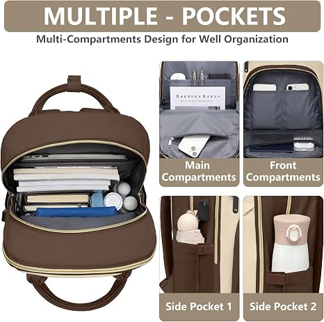 Mochila para laptop para mujer, bolsa de trabajo, mochila de viaje de 15.6 pulgadas con cargador USB, bolsa de libros universitaria, impermeable, linda, casual, mochila de moda para profesores, enfermeras, marrón, caqui