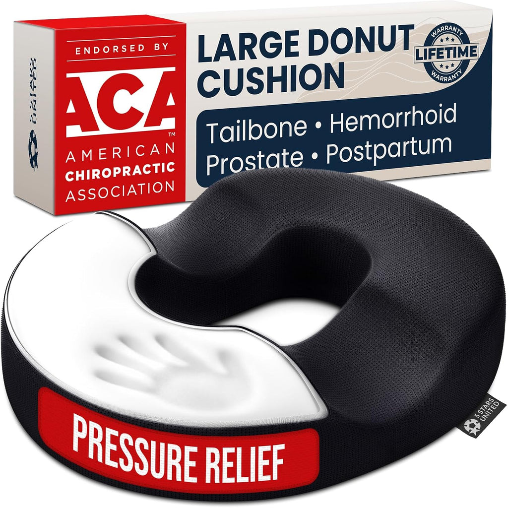 Cojín Donut de 5 STARS UNITED para hemorroides y coxis – Cojín grande para el suelo para aliviar el dolor – Coxis, próstata, ciática, suelo pélvico, úlceras por presión, embarazo, recuperación posparto, negro