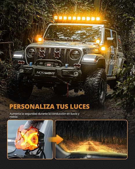 Focos LED NOVSIGHT 4" Off-Road Serie X con DRL Amarillo – Par | Luz de Conducción + Cubierta Ámbar para Camiones, Jeep, Ford, UTV, ATV