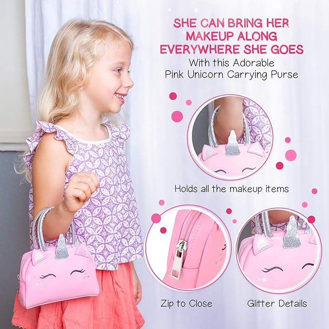 Sprinkles Toyz Kit de maquillaje real para niñas pequeñas: con bolsa de maquillaje de unicornio rosa, juguetes de maquillaje reales, no tóxicos, lavables, regalos para niñas pequeñas, juego de princesa