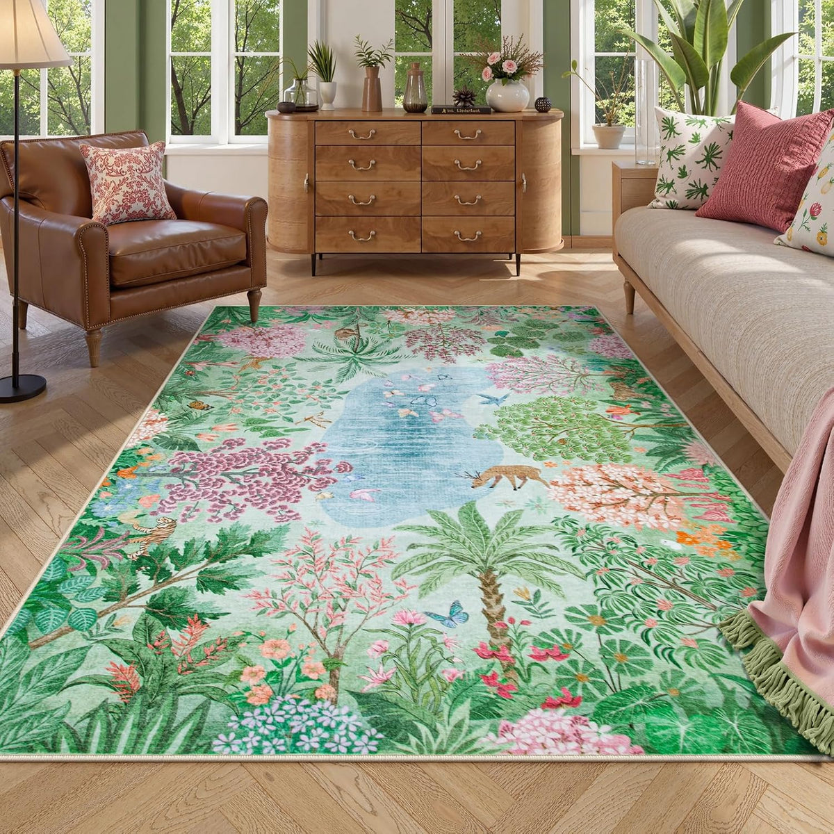 Lahome Spring Jungle Kids Room Rug, Washable 5x7 Area Rugs for Bedroom | Green Carpet for Living Room, Soft Seasonal Floral Non Slip Floor Carpet for Nursery Dorm Playroom Classroom Decor