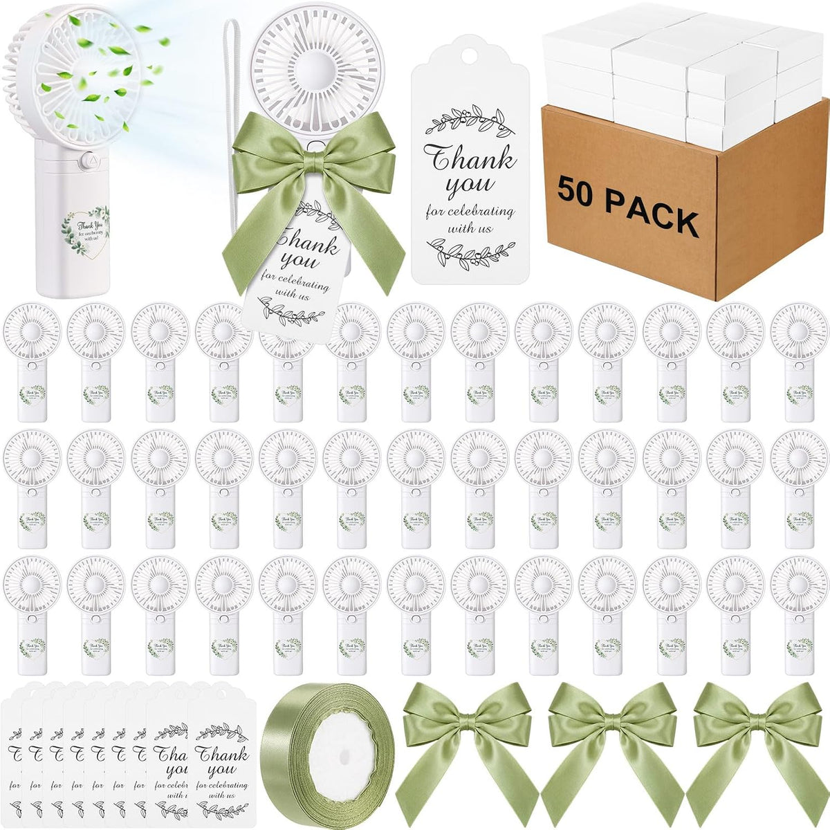 Mudder, paquete de 50 mini ventiladores de mano para invitados de boda, ventilador a pilas de 1 velocidad (pilas no incluidas) con bolsa de regalo para obsequios de despedida de soltera, baby shower o cumpleaños (estilo fresco, blanco).