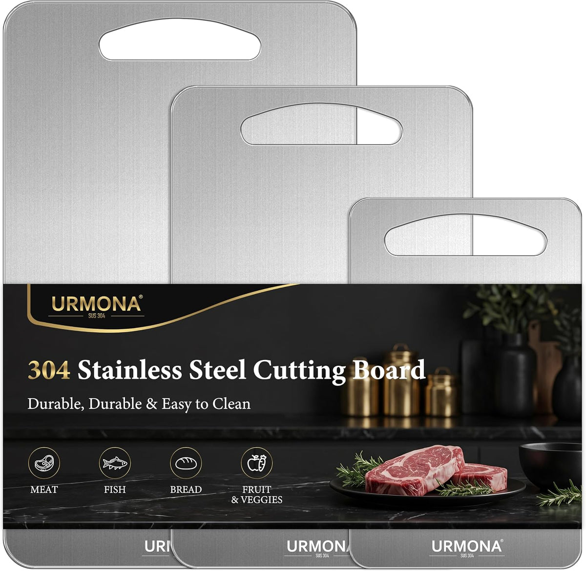 URMONA 3 tablas de cortar de acero inoxidable 304 para cocina, no se mancha ni desprende olores, bordes sin rebabas, aptas para lavavajillas, no tóxicas. Tablas de cortar S+M+L.