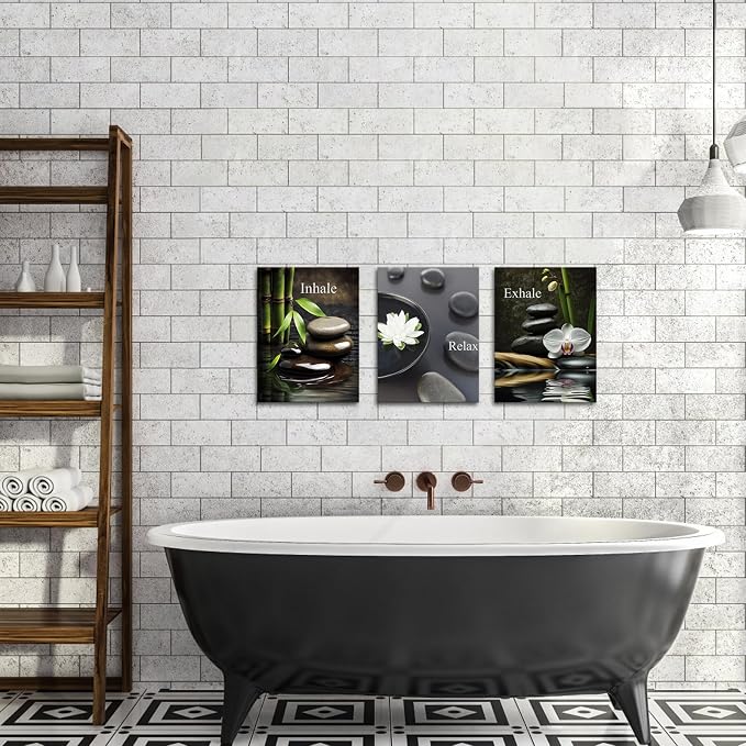 Cuadros Zen FuShvre 3 Paneles Enmarcados 12"x16" | Bambú, Loto y Orquídea para Baño y Meditación