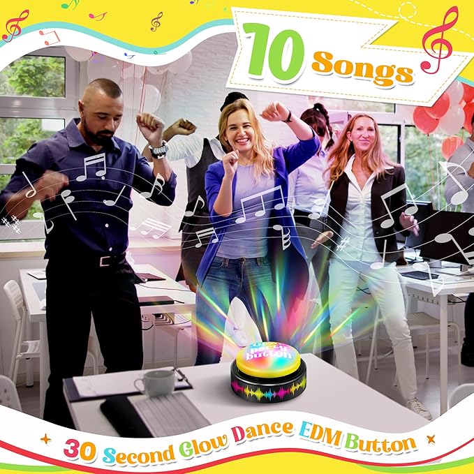 Feekoon Botón de música de baile reproduce 10 pistas EDM, botón de bomba de baile iluminado de 30 segundos con baterías, divertido regalo para aula, oficina, profesores, compañeros de trabajo y amigos