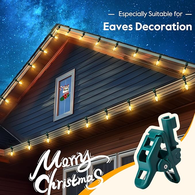 Luces LED C9 de Navidad para exteriores con 50 clips de resorte, 50 pies 50 luces LED impermeables de fresa, grado comercial extensible, perfectas para decoración de Navidad, patio, casa, color blanco cálido