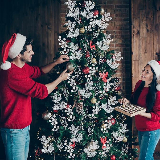 Set 75 Ramas Navideñas con Glitter Craftsatin – 2 Estilos, Agujas de Pino y Ramitas Plateadas para Árbol y Coronas DIY