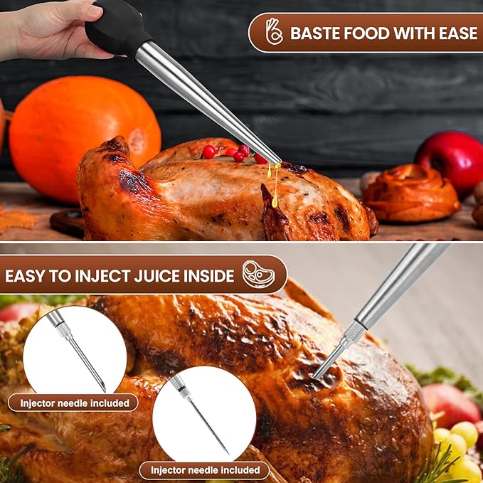 SCHVUBENR Baster grande para pavos con cepillo de limpieza y aguja, herramienta de acero inoxidable para cocinar, fácil de usar y limpiar, jeringa de alta resistencia, artículos esenciales de Acción