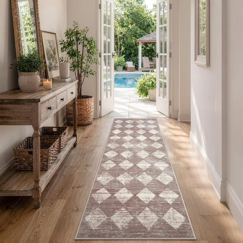 Alfombra Lavable Lahome Zelie 2x6 – Marrón, Diseño Marroquí, Pelo Corto Antideslizante para Cocina, Pasillo, Baño y Dormitorio