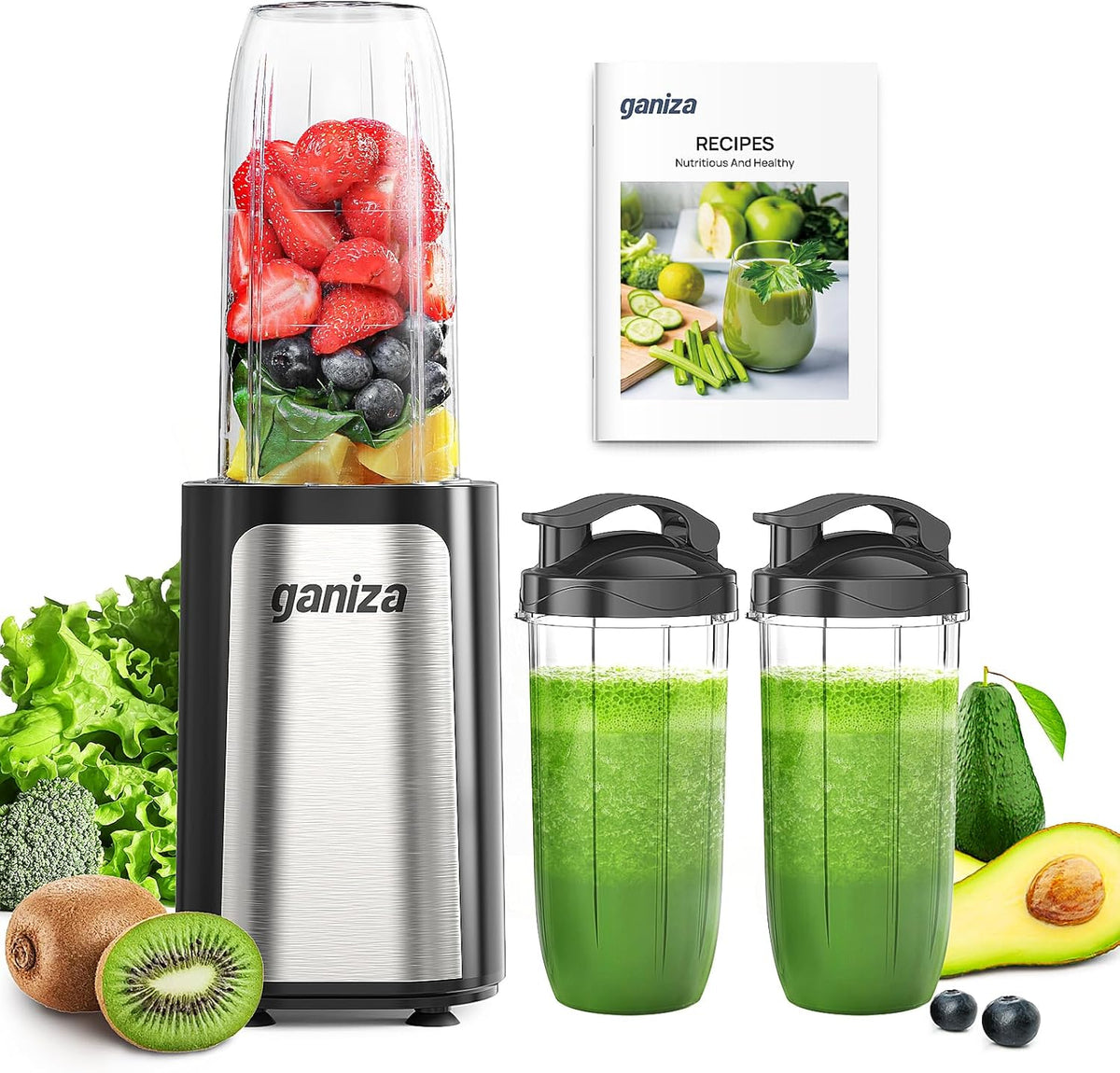 Licuadora Ganiza para batidos, 14 piezas, licuadora personal para batidos y smoothies para la cocina con 3 vasos portátiles (1 de 710 ml y 2 de 500 ml), máquina para batidos individuales, receta nutritiva