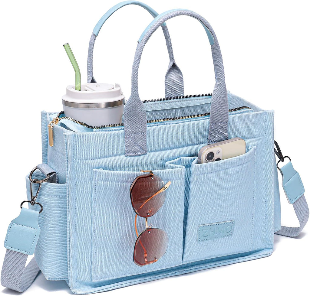ZHMO Bolsa Tote de Lona para Mujer con Compartimentos y Cierre | Bolso Cruzado Grande para Laptop Trabajo Viaje Enfermera Maestra