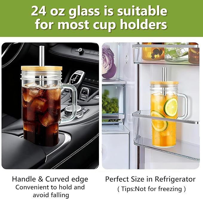 Birity Tazas de vidrio de 24oz con tapas y popotes, vaso de vidrio con asa, 2 juegos – Tazas de café helado reutilizables con tapa y popote para batidos, té, jugo, taza boba para bebidas frías