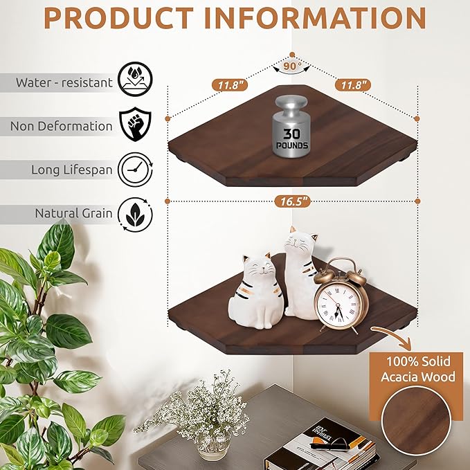 Repisas Flotantes Hexagonales Demigo Set x2 — Madera Acacia Sólida para Esquinas