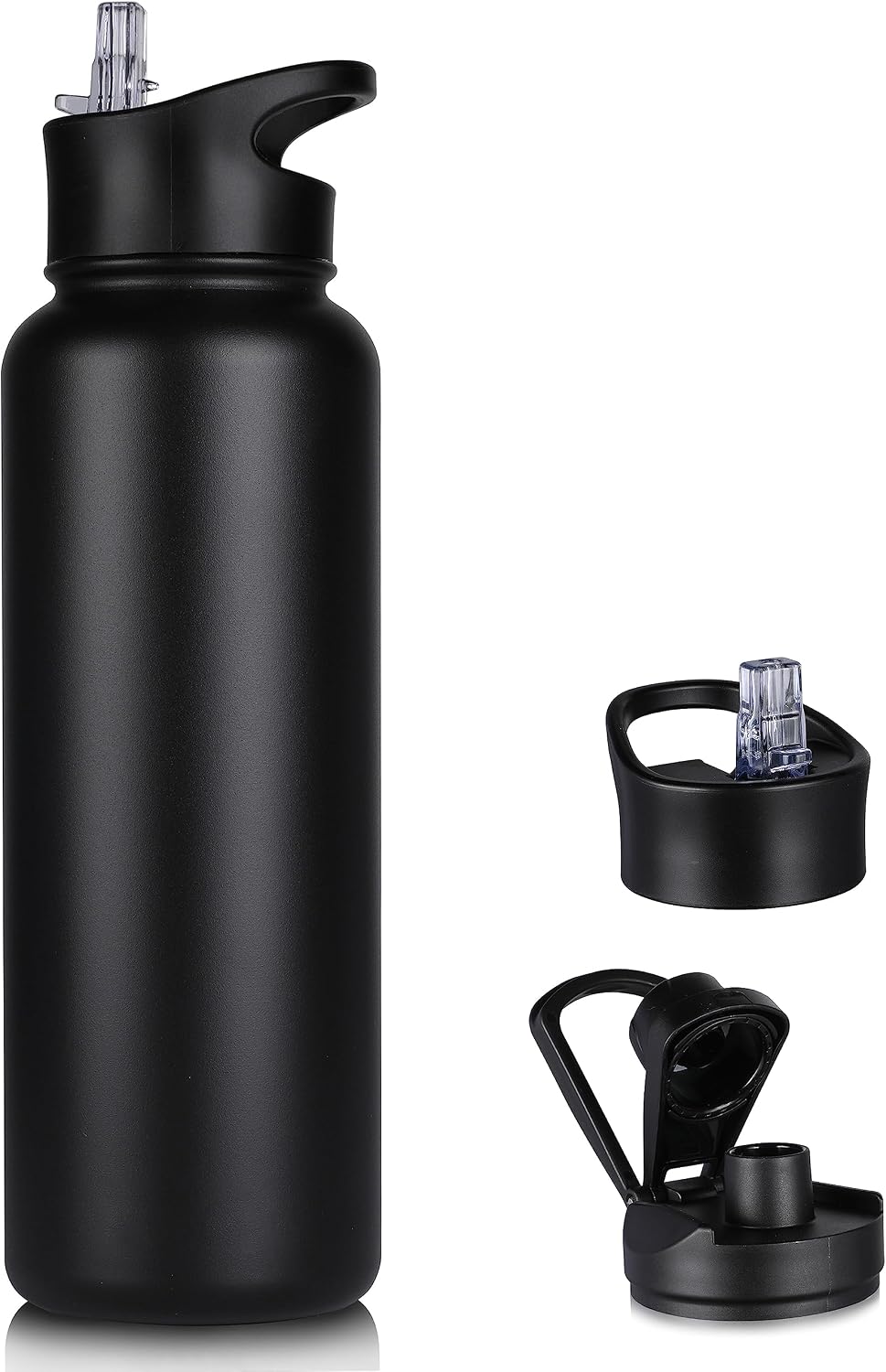 Botella de agua isotérmica VQRRCKI de 1,2 litros con pajita, botella deportiva de acero inoxidable con 2 tapas (pajita y tapa de boca ancha), doble pared al vacío, a prueba de fugas, sin BPA, negra.