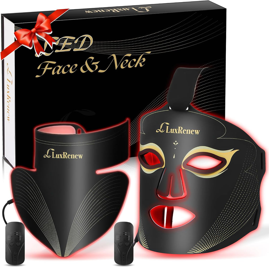 Set de mascarilla de terapia de luz roja, mascarilla LED para terapia de luz para rostro y cuello, luz infrarroja cercana de 850 nm y luz roja de 630 nm, ajuste de energía de 5 niveles, color negro.