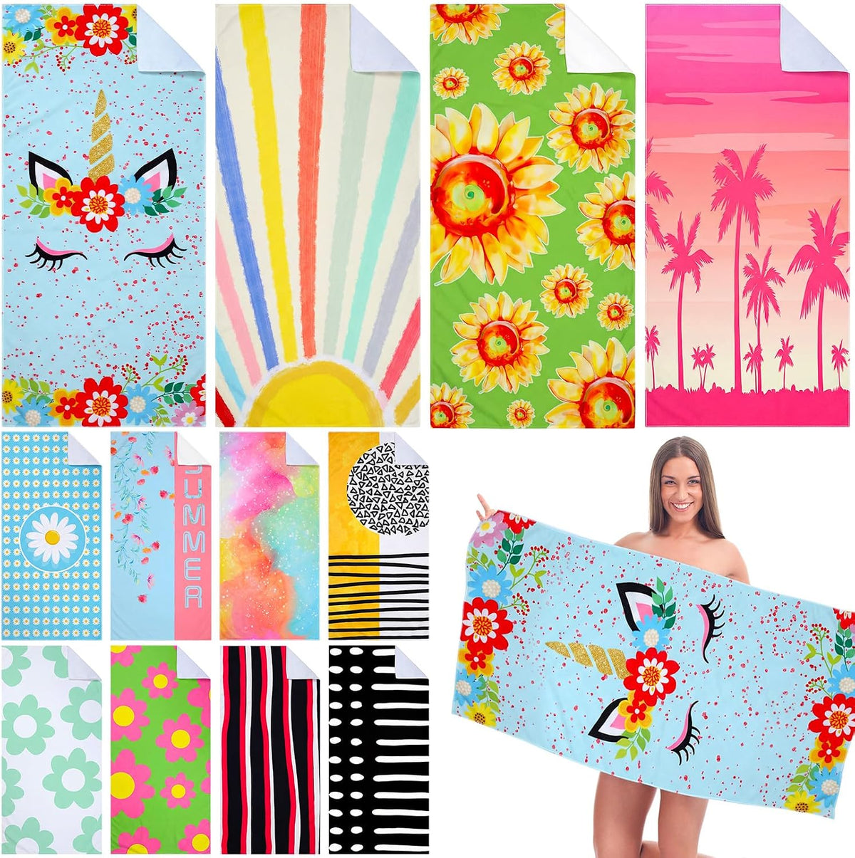 Newwiee Juego de 12 toallas de playa grandes de microfibra, tamaño extragrande de 59 x 27.5 pulgadas, toallas de playa y piscina, de secado rápido, ligeras, coloridas, suaves y absorbentes para adultos, ideales para viajes y natación (Unicornio azul).