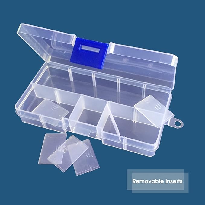 Caja organizadora de plástico transparente de 10 rejillas, 48 sets plásticos, contenedor de almacenamiento con divisores ajustables para cuentas, arte, manualidades, joyas, boyas para pesca y cuerda de yute para pesca