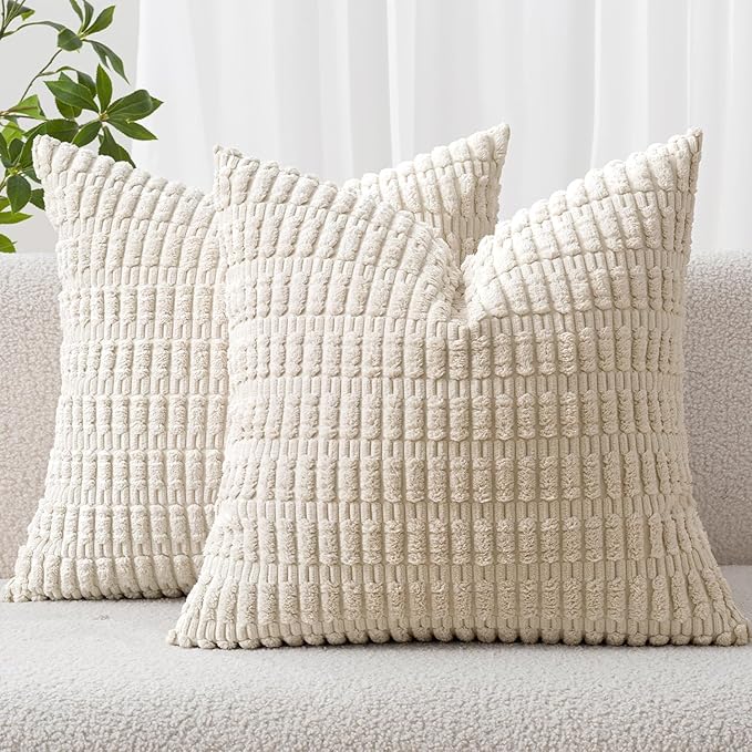 MIULEE- Juego de 2 fundas decorativas de pana suave p/cojín euro; diseño a rayas estilo bohemio, moderno, rural; decorac. p/el hogar, sala de estar, sofá, sillón, cama (26 x 26 pulgadas, blanco crema)
